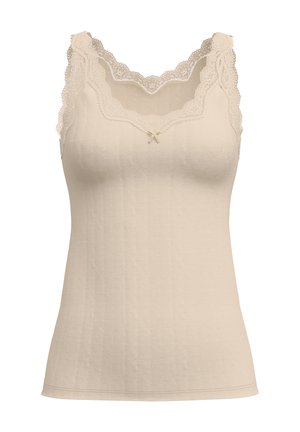 Beige ärmelloses Top mit Spitzenbesatz, das eine gerippte Textur, einen gewellten Ausschnitt und eine kleine Schleifenakzentierung in der Mitte vorne aufweist.