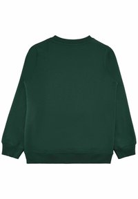 Sudadera de manga larga verde oscuro con puños, cuello y dobladillo acanalados, mostrada desde la parte de atrás sobre un fondo blanco.