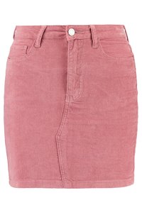 Gonna di jeans rosa con un design aderente, styling a cinque tasche, chiusura frontale con bottoni e dettagli cuciti lungo le cuciture.