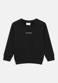 Sweat-shirt noir en tissu doux avec un col rond, des poignets et un ourlet côtelés. Présente le logo "LES DEUX" en doré sur le devant. Design classique.