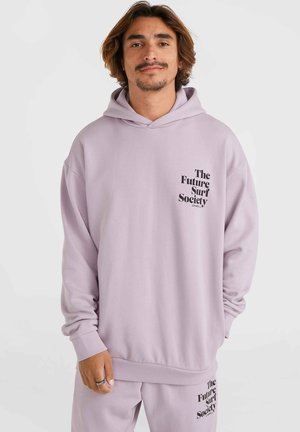 Light lavender hoodie made of soft fabric, featuring a front pocket, ribbed cuffs, and large black text graphic on the chest.
