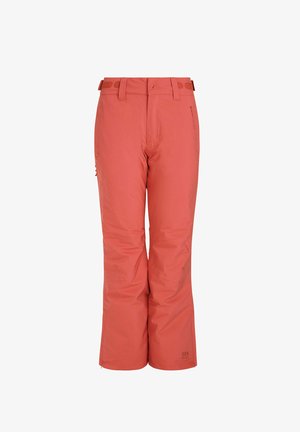 Vaatimattomat vaaleanpunaiset hiihtohousut, jotka on valmistettu vedenpitävästä kankaasta. Housuissa on vyötärö vyölenkeillä, vetoketjulliset taskut ja kapeahko lahje.