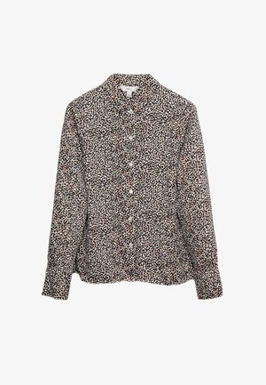 Langarmige blouse in een lichte stof, met een bruin, zwart en wit luipaardprint patroon en een gestructureerde kraag.