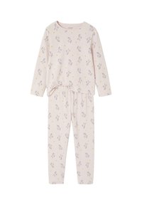 Soft pink long-sleeve top and pants set with all-over unicorn, rainbow, and star prints for children’s sleepwear.