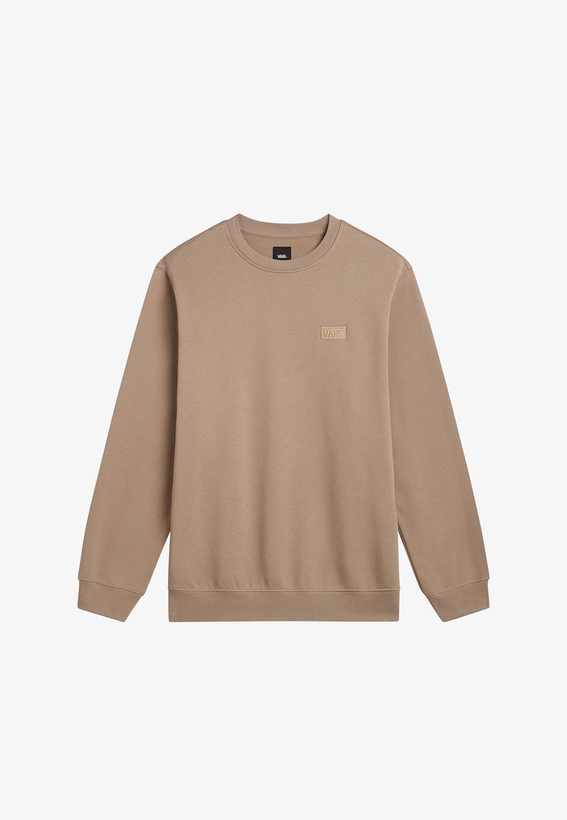 Sweat-shirt beige à manches longues en mélange de coton doux, avec un col rond et un petit logo Vans embossé sur la poitrine.
