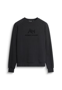 Felpa nera realizzata in materiale morbido, con collo tondo, maniche lunghe raglan e logo in rilievo al centro.