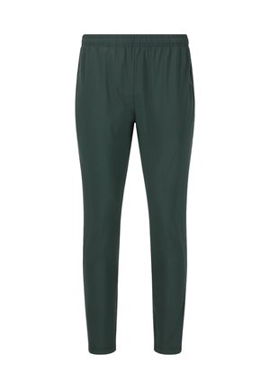 Dunkelgrüne, elastische Hose mit schmalem Schnitt. Verfügt über Seitentaschen und einen glatten, leichten Stoff. Keine Muster oder zusätzlichen Verzierungen.