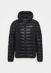 Sort dunjakke med hætte, lynlåslukning foran og quiltet design. Fremstillet af skinnende, let materiale med logodetalje på brystet.