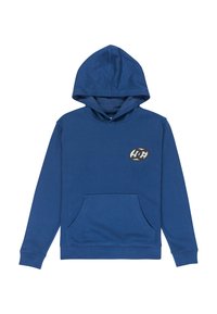 Modrá mikina s kapucňou vyrobená z mäkkého materiálu, s predným vreckom a logom na hrudi, so sťahovacou kapucňou a rebrovanými manžetami.