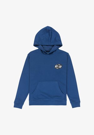 Niebieska bluza z kapturem wykonana z miękkiego materiału, z przednią kieszenią i naszywką z logo na klatce piersiowej, z kapturem na sznurki i ściągaczami przy nadgarstkach.