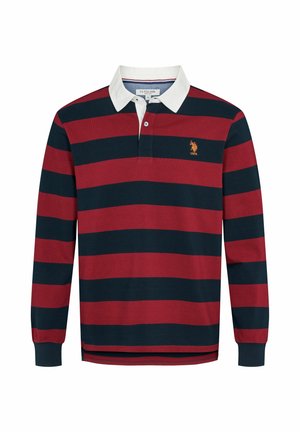 Rugby tričko s dlhým rukávom s širokými vodorovnými námorníckymi a tmavočervenými pásmi, bielym golierom, zapínaním na gombíky a oranžovým logom USPA na hrudi.