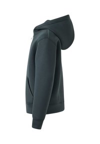 Sweat à capuche vert foncé vu de côté avec manches longues et poches avant sur fond blanc.