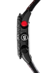 Juodas riešo laikrodis su apvaliu korpusu, tekstūruota vainikėliu ir raudonu mygtuku. Ypatybės: odinė apyrankė su daugiaspalviais siūlais ir logotipo detale.