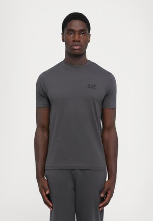 Charcoal gray short-sleeve t-shirt with a crew neck and subtle "EA7" logo on the left chest; smooth fabric, fitted design.