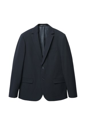 Blazer marine en tissu lisse avec deux boutons, revers crantés et deux poches avant. Design simple avec une esthétique minimaliste.