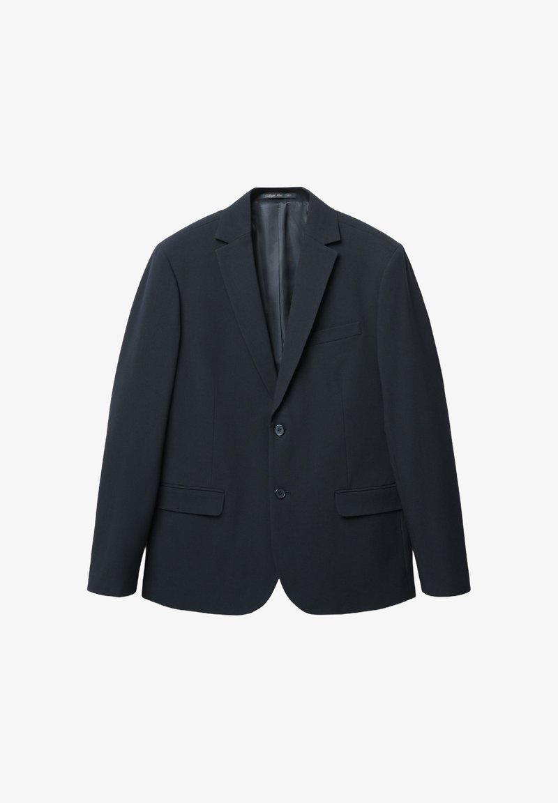 Blazer navy in tessuto liscio con due bottoni, rever a punta e due tasche frontali. Design semplice con un'estetica minimalista.