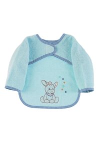 Blue terry cloth long-sleeve bib with polka-dot trim and a centered embroidered donkey design, featuring decorative colored dots.
