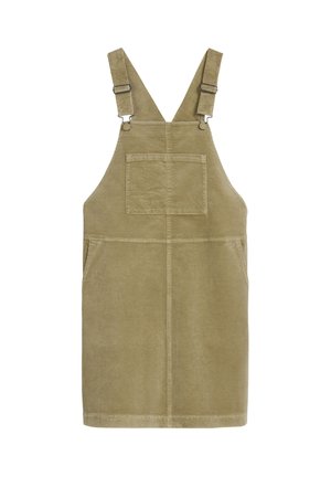 Sukienka na szelkach z sztruksu w kolorze khaki, z regulowanymi ramiączkami, kieszeniami po bokach oraz kieszenią z tyłu. Tkany materiał z pionowym wzorem prążkowania.