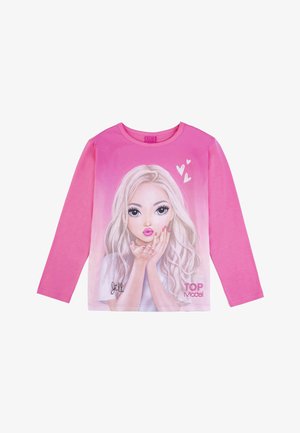 Long-sleeve pink t-shirt featuring a printed graphic of a girl with long blonde hair, oversized eyes, and pink accents. "TOP Model" text included.