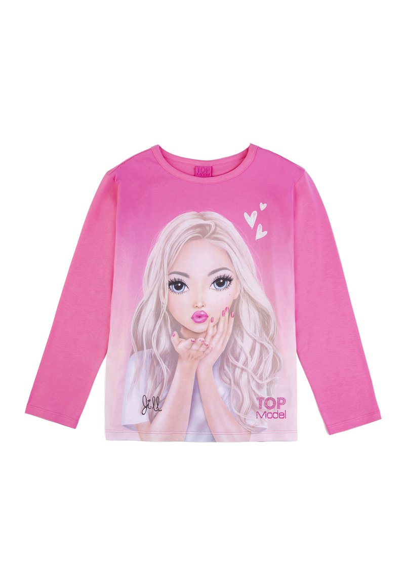 T-shirt a maniche lunghe rosa con una grafica stampata di una ragazza con lunghi capelli biondi, occhi grandi e dettagli rosa. Incluso il testo "TOP Model".