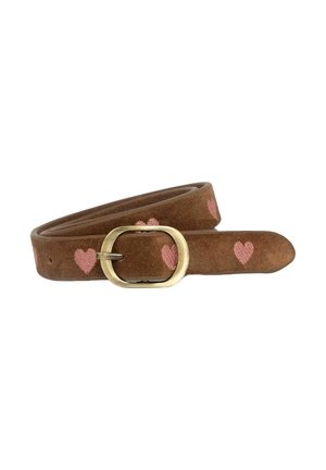 Ceinture en suède marron avec boucle ovale en laiton, décorée de cœurs brodés roses espacés uniformément.