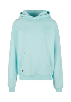 Světle modrá mikina s kapucí, obsahující přední kapsu a žebrované manžety. Ražené logo značky na hrudi. Měkká tkanina z bavlněné směsi.