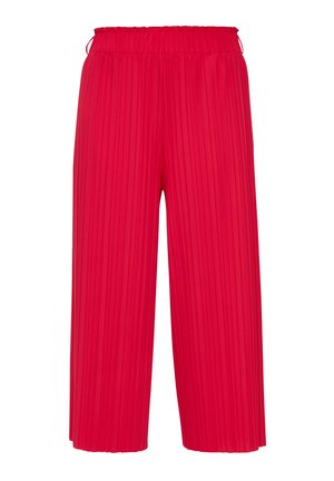 Rote plissierte Culottes mit einem elastischen Bund. Hergestellt aus leichtem Stoff, bieten sie eine lockere Passform und weite Beine für zusätzlichen Komfort.