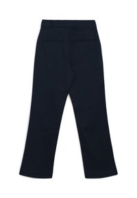 Pantaloni blu navy realizzati in tessuto liscio, con un design a gamba dritta e due tasche posteriori. Dettagli delle cuciture lungo la vita e le tasche.