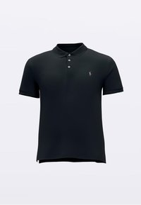 Čierne polokošeľa z textúrovaného materiálu, s golierom, zapínaním na tri gombíky a malým vyšívaným logom na hrudi.