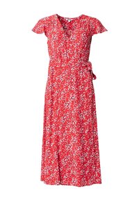 Rotes Blumenkleid mit kurzen, schwingenden Ärmeln, Wickeldesign, einem Bindegürtel und einem knielangen Saum. Es hat verstreute weiße und rosa Punkte.