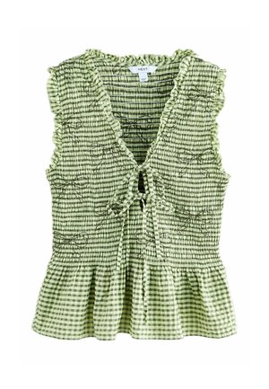 Bluza verde în carouri gingham fără mâneci, cu textură strânsă, margini cu volane, închidere frontală cu fundă și tiv cu peplum.