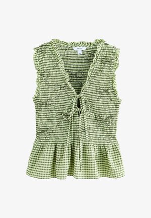Bluza verde în carouri gingham fără mâneci, cu textură strânsă, margini cu volane, închidere frontală cu fundă și tiv cu peplum.