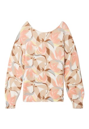 Suéter de punto con escote redondo, de manga larga, en colores pastel, que presenta un patrón floral con hojas en tonos durazno, marrón y azul.