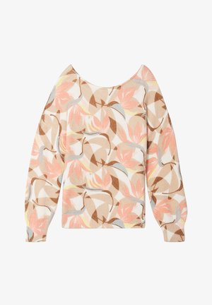 Pull tricoté avec un col rond, des manches longues, dans des couleurs pastel, arborant un motif floral avec des feuilles dans des teintes de pêche, marron et bleu.