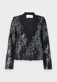 Zwarte sequined blazer met een textuur oppervlak, voorzien van een satijnen pieklapel en dubbele knoopsluiting, cropped pasvorm en lange mouwen.