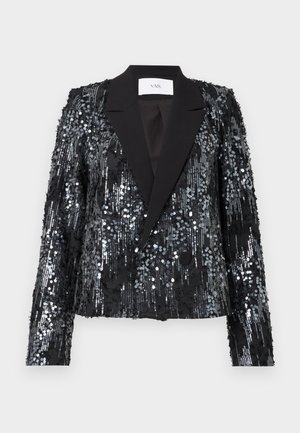 Sort palietjakke med en tekstureret overflade, der har en satin peak lapel og dobbeltknaplukning, cropped pasform og lange ærmer.