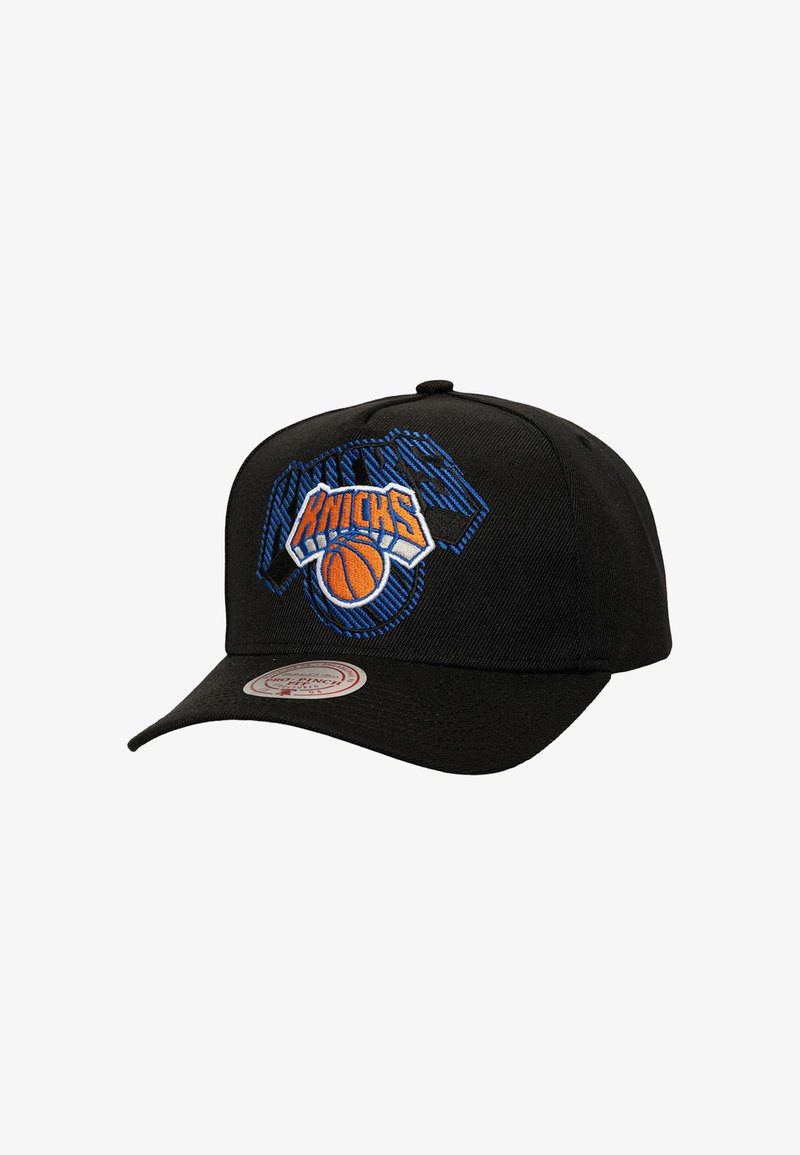 Black baseball cap with New York Knicks logo featuring blue basketball net and orange basketball on front panel.