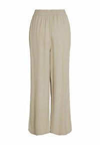 Pantalons beiges à larges jambes en tissu léger. Dotés d'une taille élastique et d'un design fluide, offrant confort et liberté de mouvement.