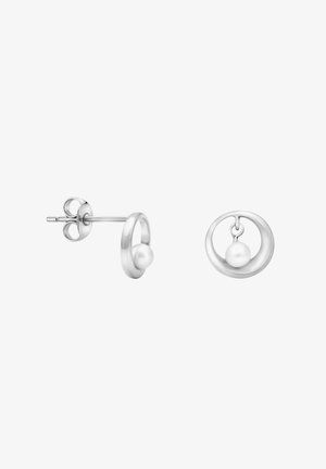 Silver stud earrings featuring a circular hoop design with a central spherical accent, smooth texture, and polished finish.