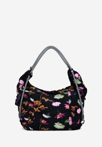 Black floral shoulder bag made of textured fabric, featuring pink and orange flowers, a gathered design, and dual-tone striped handles.