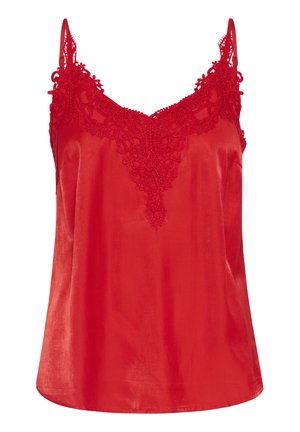 Rode zijde camisole met verstelbare spaghettiruggen en ingewikkelde kantdetails langs de halslijn. Soepele textuur, vloeiende pasvorm en subtiele glans.