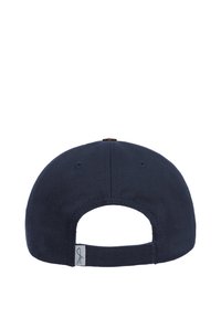 Marineblaue Mütze aus glattem Stoff mit einem gebogenen Schirm und einem hinten verstellbaren Riemen. Auf der Seite befindet sich ein kleines Logo-Tag.