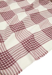 Tessuto a scacchi rosso e bianco con righe alternate e piccole square, caratterizzato da una texture morbida e bordi sfilacciati.
