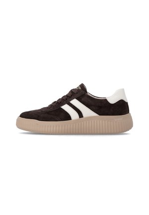 Black suede sneaker with white side stripes, white heel tab, brown ridged sole, and lace-up closure shown from the side on white background.
