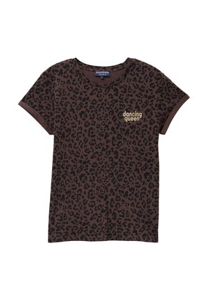 Camiseta de manga corta marrón con un estampado de leopardo negro y el texto "dancing queen" en dorado en el área del pecho izquierdo. Tejido de algodón suave.