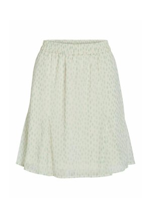 Svetlo zelena krilo do kolen z elastičnim pasom in subtilnim pikčastim vzorcem, izdelano iz lahkotne tekoče tkanine.