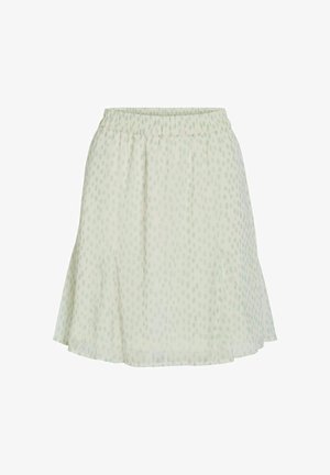 Svetlo zelena krilo do kolen z elastičnim pasom in subtilnim pikčastim vzorcem, izdelano iz lahkotne tekoče tkanine.