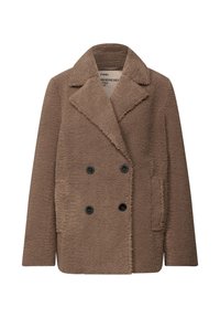 Manteau marron à double boutonnage en tissu texturé, avec un col à revers, des boutons noirs et deux poches latérales.