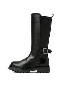Alti stivali neri in pelle con un design elegante, suola in gomma, dettaglio con fibbia e pannello laterale testurizzato per un tocco di stile e aderenza.