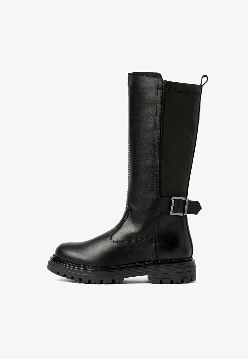 Tall black leather boots with a sleek design, rubber sole, buckle detail, and textured side panel for added style and grip.